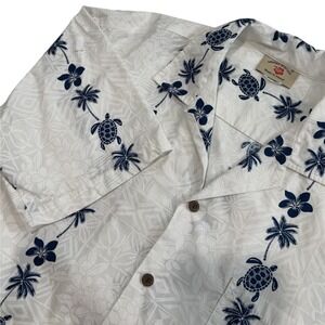 Hawaii Station Button Down Camp Shirt Mens White XL Honu Turtle Palm Tree Print